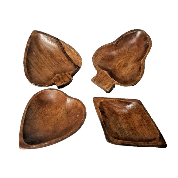 Set 4 Playing Card Symbols Monkey Pod Wood Bowls Heart Spade Club Diamond Poker - Picture 1 of 6